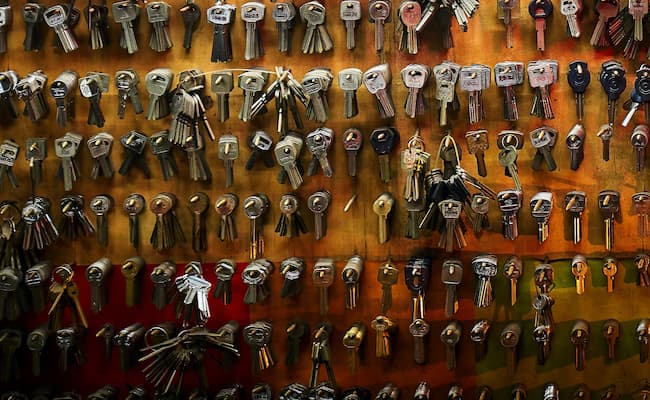 A wall of spare keys that a mobile locksmith uses to create new keys for customers