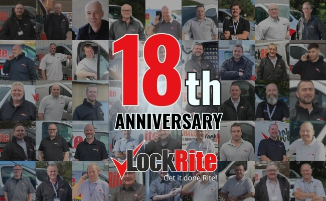 LockRite Locksmiths 18th Anniversary banner with locksmith photos