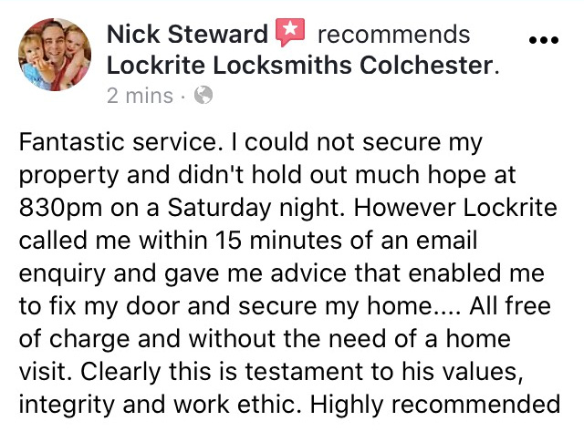 LockRite Colchester Facebook Customer Review